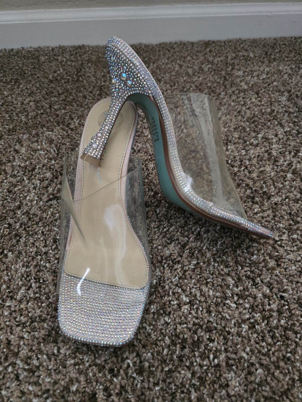 Betsy Johmson. Crystal Embellished Clear Slip-On High Heels - Iridescent